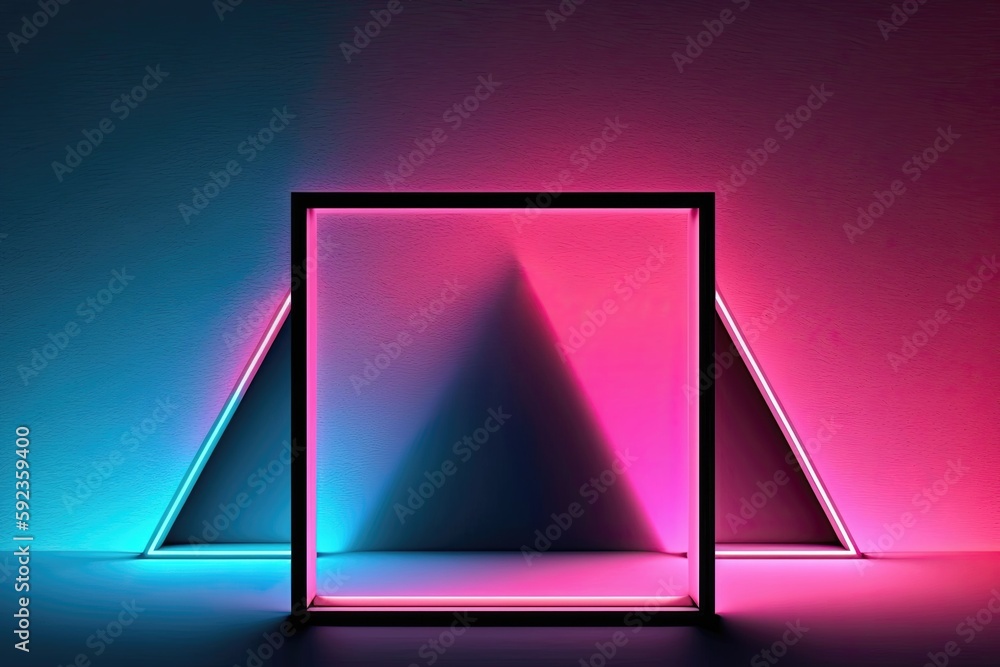 Neon lights in a dark room matte glass reflection triangle background ...