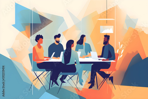Flat vector illustration Strive to bring out the best potential of your team. Snapshot of a group of creative people having a meeting in a modern office.