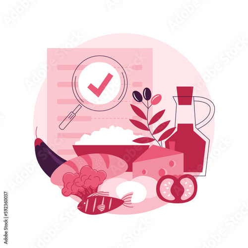 Food nutritional quality abstract concept vector illustration. Nutrition value, health maintenance, human metabolism, organic food livestock, quality inspection and certification abstract metaphor.