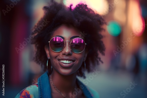 Fashion look. Cheerful black woman on the street. Retro 80s outfit and haircut and sunglasses. Generative Ai. Retrowave style. Boho style.