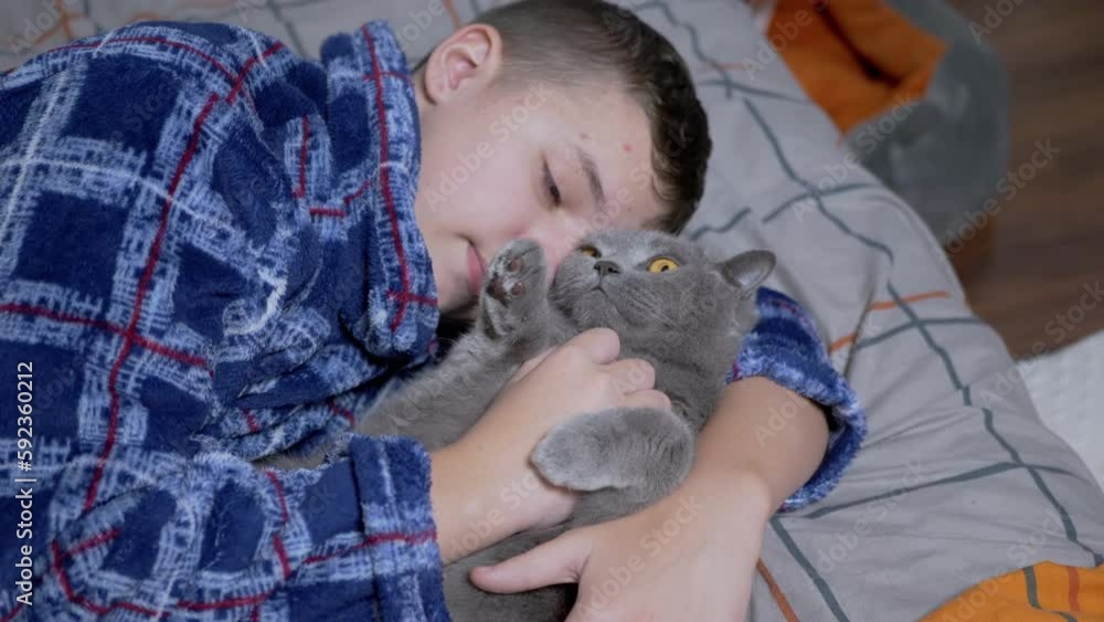 Sleepy Child Hugging and Playing with a Fluffy Cat, Lying on a Bed in a Bedroom. Close up. Tired happy cute boy in pajamas is resting with his beloved pet. Love, care, affection, friendship with pets. Sleepy Child Hugging and Playing with a Fluffy Cat, Lying on a Bed in a Bedroom. Close up. Tired happy cute boy in pajamas is resting with his beloved pet. Love, care, affection, friendship with pets.