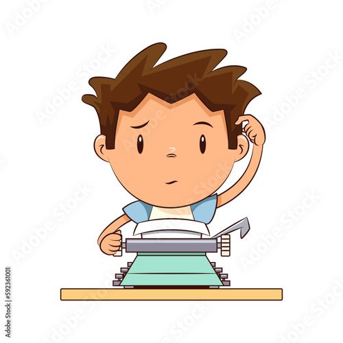 Child writing on typewriter, writer, thinking, scratching head