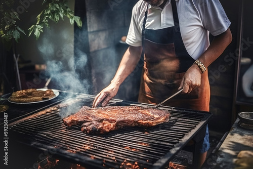 A man grills juicy pork ribs, fried meat with a golden crust, selective focus. May holidays concept barbecue, party