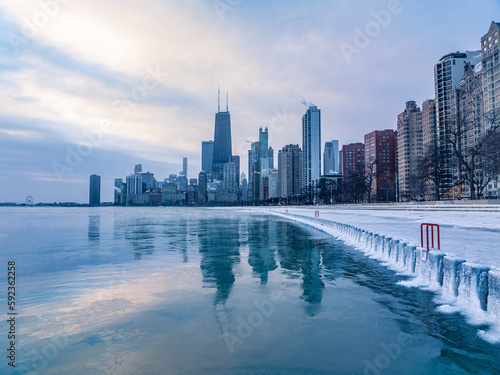 City skyline with Sears Tower and reflections in Lake Michigan, Chicago, Illinois, USA
