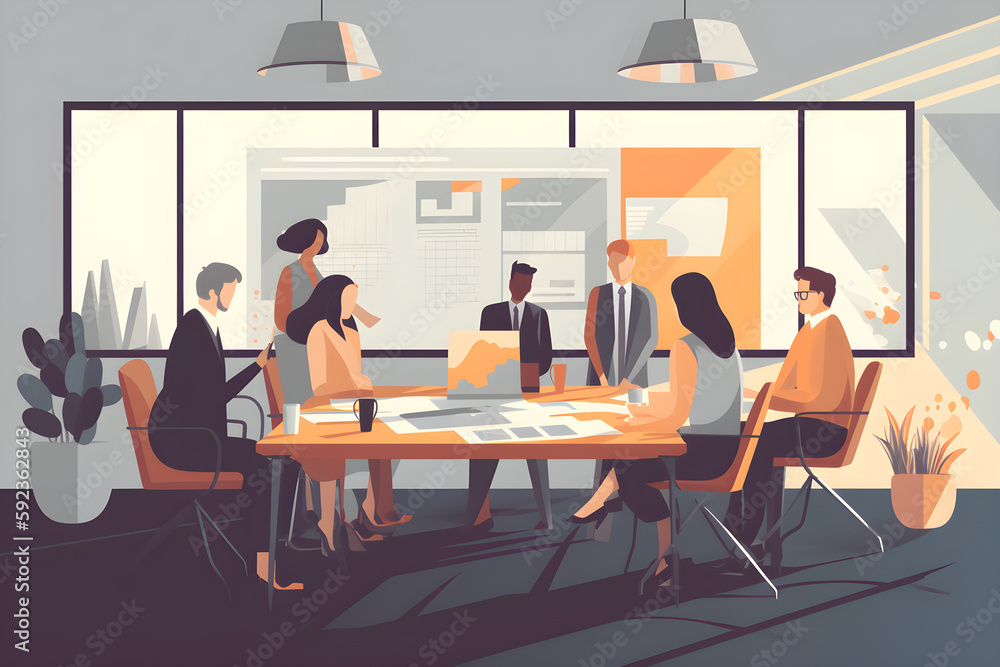 Fototapeta premium Flat vector illustration They give their all in their work. Shot of a group of business people having a meeting in a conference room.