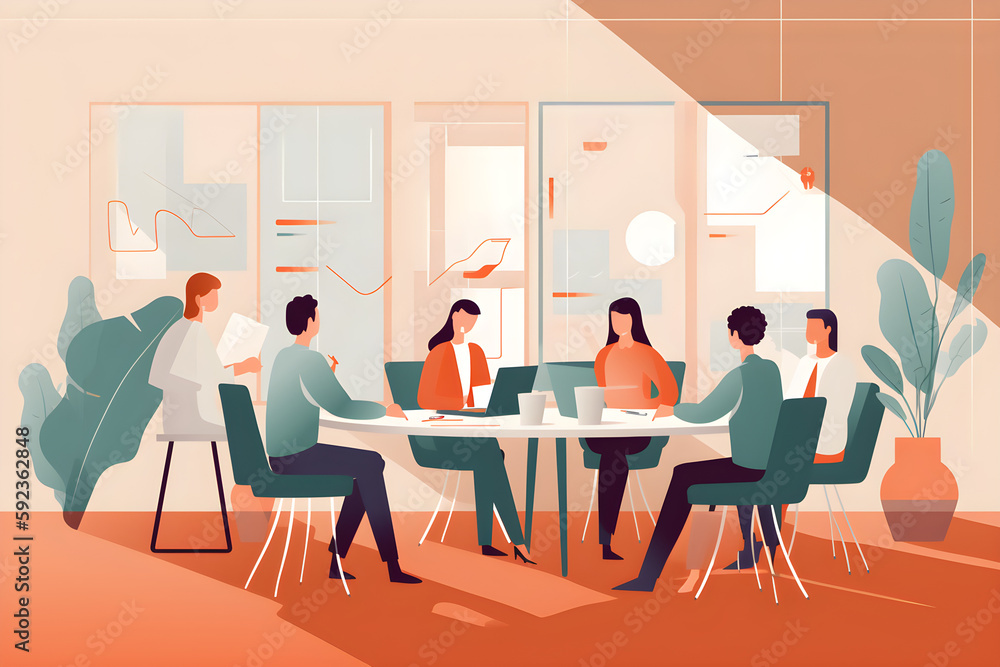 Flat vector illustration They give their all in their work. Shot of a group of business people having a meeting in a conference room. Flat vector illustration They give their all in their work. Shot of a group of business people having a meeting in a conference room.