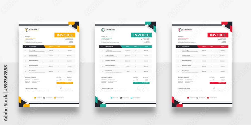 Professional and Clean Creative Corporate Business Invoice design template. creative invoice Template Paper Sheet Include Accounting, Price, Tax, and Quantity. With color variation Vector illustration