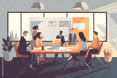 Flat vector illustration They give their all in their work. Shot of a group of business people having a meeting in a conference room. © VIX