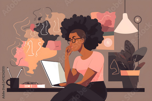 Flat vector illustration Thinking, office laptop focus and black woman, creative agency or serious person working on branding plan. Ideas for projects, problem solving and girls reading social media b