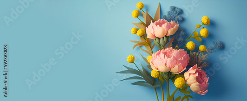 Spring peony flowers on blue pastel background top view in flat lay style. Greeting for Womens or Mothers Day or Spring Sale Banner. Generative Ai. © ckybe