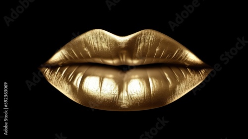  Golden lips isolated on black background. Luxury glamour art mouth. Clipping path gild lips, 8k, k, hyperrealistic, photography, generative ai