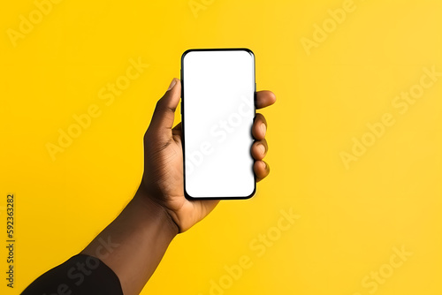 Male or Female hands holding smartphone with blank white screen isolated on yellow background. Black man using device. Copy space. Mockup or Template for Presentation. Generative Ai.