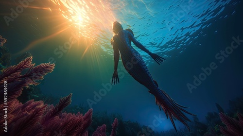  mermaird diving underwater, National Geographic Photo, Sunset light, blue, red, 8k, hyper realistic, photography, generative ai