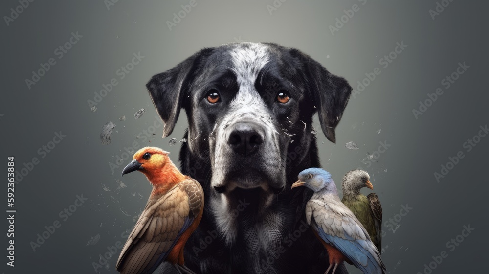 Typography art of an Asian dog with birds, 8k, hyper realistic, photography, generative ai Typography art of an Asian dog with birds, 8k, hyper realistic, photography, generative ai