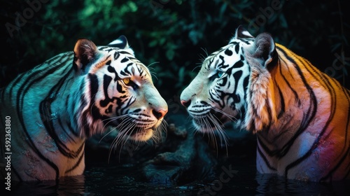  Two tigers staring at each other  phantasmal iridescent  8k  photography  hyper - realistic  generative ai