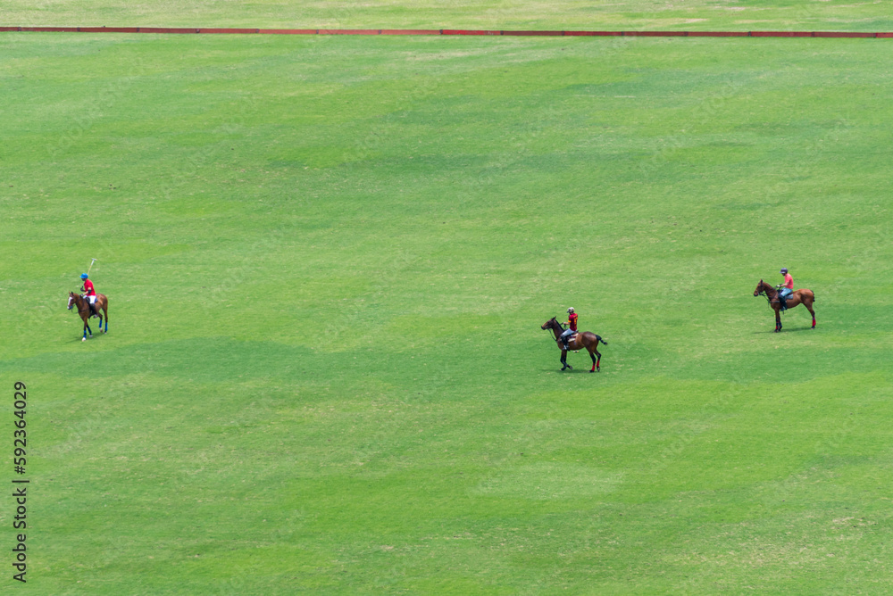 Obraz premium Three polo players on their horses play in a field on the outskirts of Lima, Peru