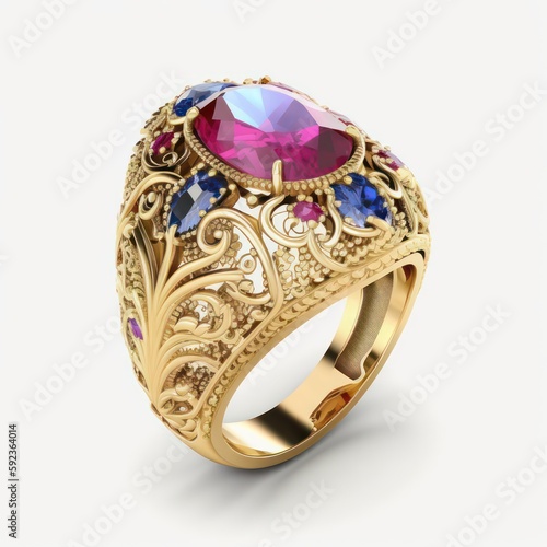 Ruby golden ring in fantasy theme. 3d style of Ruby golden ring for games background story. Generative AI.