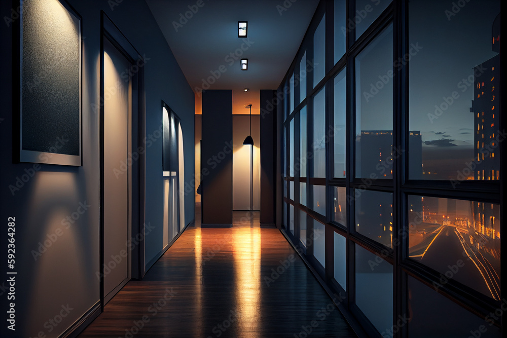 Hallway interior with large panoramic windows and night metropolis city view. Part of an office or a corridor in a residential apartment. - obrazy, fototapety, plakaty 
