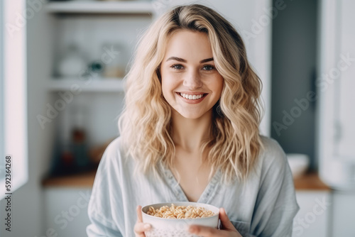 Beautiful young woman holding muesli bowl while looking at camera in the kitchen at home. Generative AI