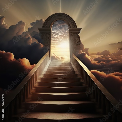 Stairway leading to heaven. Fantasy illustration concept. Resurrection concept. Stairway leading to sunrise. Generative AI.