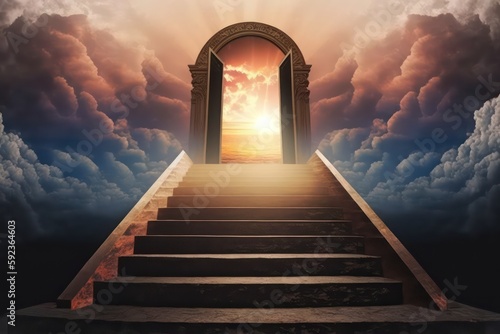 Stairway leading to heaven. Fantasy illustration concept. Resurrection concept. Stairway leading to sunrise. Generative AI.