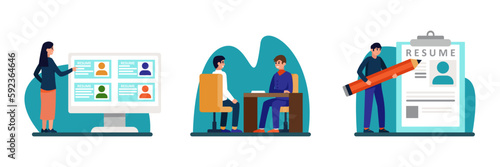 Set of cartoon characters of hiring managers and job seekers. Process of selecting resumes. Human resource management. Time for employment interviewing. Vector