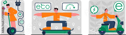 Set of different cartoon characters using eco transport. Young people driving segway, skateboard and motorbike. Usage of green transport. Reducing world energy consumption. Vector
