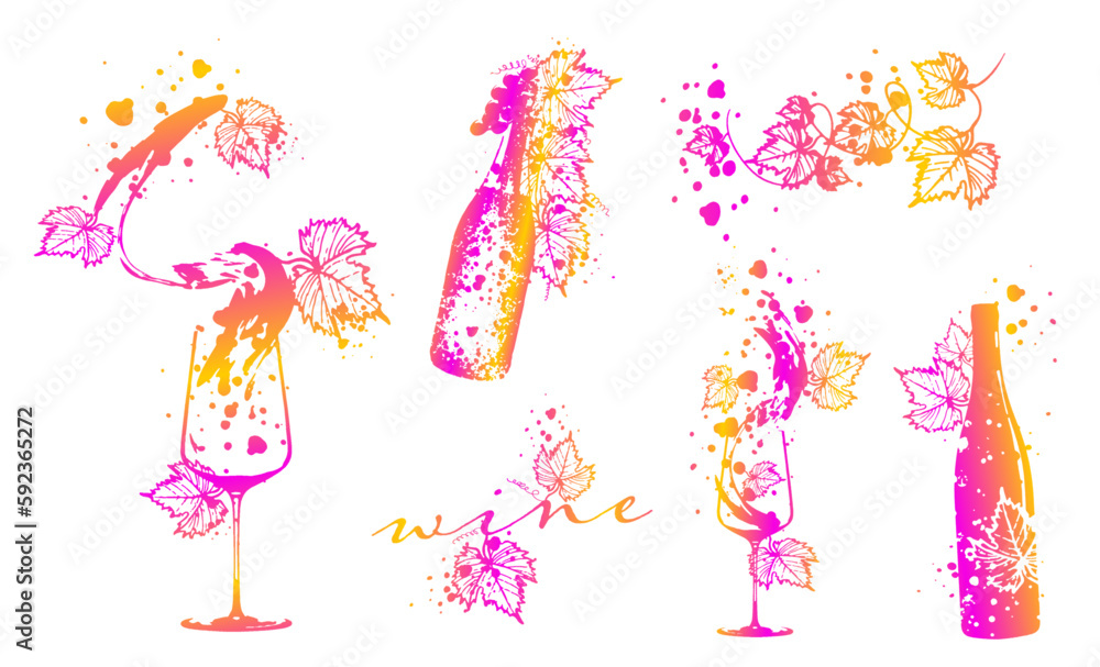 Fototapeta premium Wine Designs - Collection of wine glasses and bottles. Hand drawn elements for invitation cards, advertising banners, menus in gold style. Wine glasses with splashing wine. Sketch vector illustration.