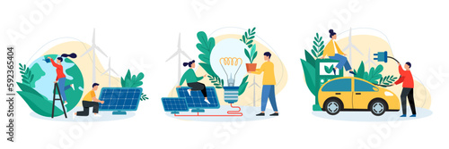 Set of different cartoon characters of young people using green energy sources. Getting electricity from natural resources. Eco friendly urban infrastructure and transport. Vector