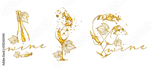 Wine Designs - Collection of wine glasses and bottles. Hand drawn elements for invitation cards, advertising banners, menus in gold style. Wine glasses with splashing wine. Sketch vector illustration.