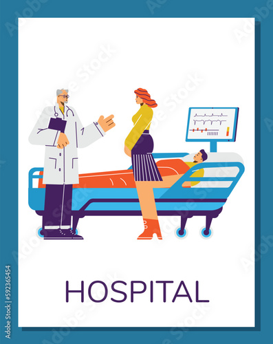 Doctor giving consultation to relatives of patient, flat vector illustration.