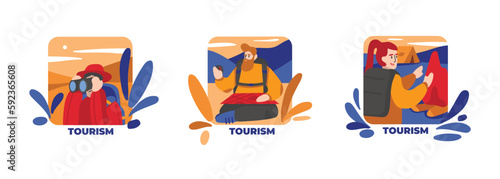 Set of colored cartoon characters of young people traveling abroad. Group of tourists having active recreation and adventure during travel. Summer vacation trip. Vector