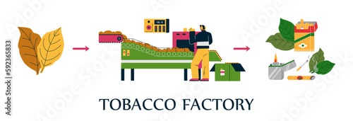 Tobacco factory manufacturing process, flat vector illustration isolated on white background.