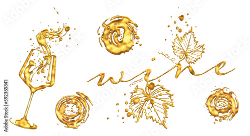 Wine Designs - Collection of wine glasses. Hand drawn elements for invitation cards, advertising banners, menus in gold style. Wine glasses with splashing wine. Sketch vector illustration.
