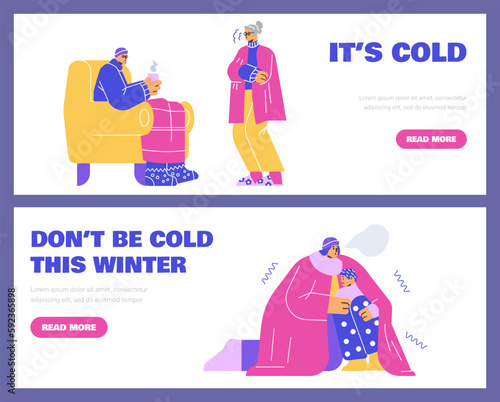 Cold temperature in winter, web banners set - flat vector illustration.