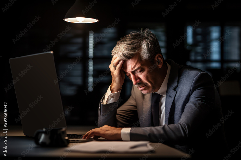Stressed senior businessman working late at night in office. Mature businessman sitting at desk in dark office. Generative AI Stressed senior businessman working late at night in office. Mature businessman sitting at desk in dark office. Generative AI