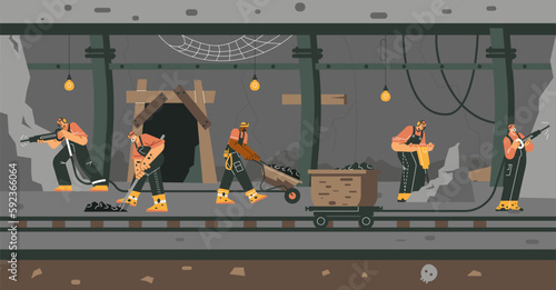Miners working in underground tunnel extracting minerals, flat vector illustration.