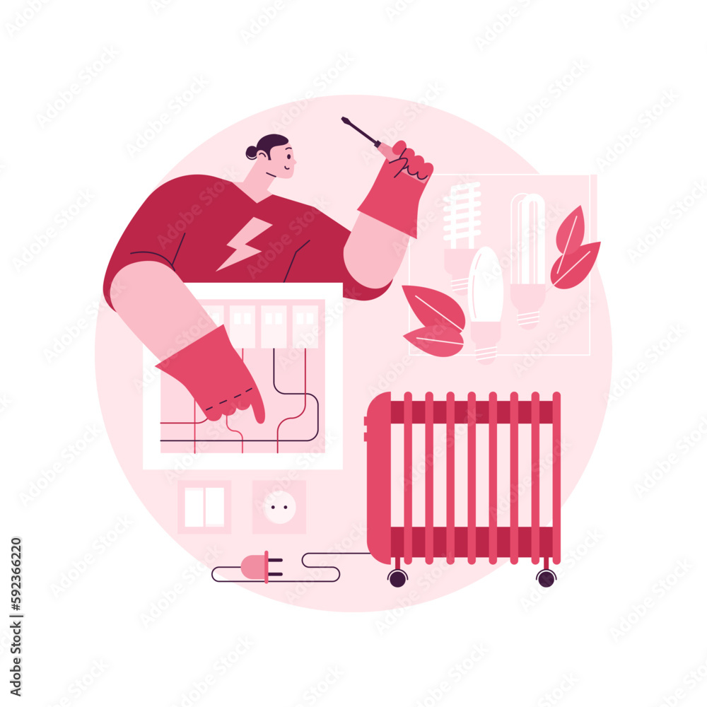 Electrician services abstract concept vector illustration. Energy-efficient lighting, electrical system maintenance and inspection, home automation, electric heater repair abstract metaphor. Electrician services abstract concept vector illustration. Energy-efficient lighting, electrical system maintenance and inspection, home automation, electric heater repair abstract metaphor.