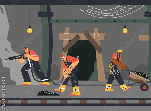 Professional miners extracting minerals underground, flat vector illustration.
