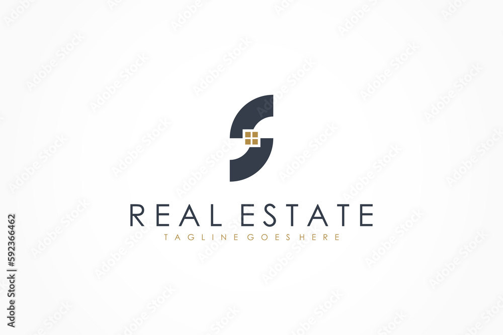 Initial Letter S Real Estate Logo. Black Shape S Letter with Gold Window inside isolated on White Background. Flat Vector Logo Design Template Element for Construction Architecture Building Logos. Initial Letter S Real Estate Logo. Black Shape S Letter with Gold Window inside isolated on White Background. Flat Vector Logo Design Template Element for Construction Architecture Building Logos.