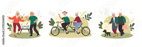 Set of cartoon characters of old people having active lifestyle. Elderly men and women dancing, riding bike and walking dog. Happy old age. Leisure time with pet. Vector