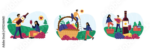 Set of cartoon characters of young people dealing with wine production. Process of growing organic grapes. Group of couples making alcohol drinks together. Vector