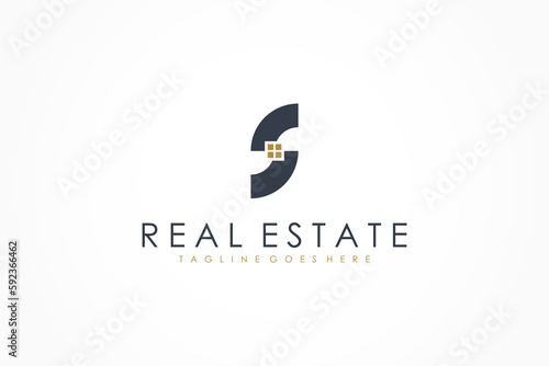 Initial Letter S Real Estate Logo. Black Shape S Letter with Gold Window inside isolated on White Background. Flat Vector Logo Design Template Element for Construction Architecture Building Logos.