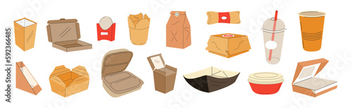 Food takeaway carton packages set vector. Lunch boxes. Cardboard cups, recyclable paper boxes. Delivery empty packages for pizza, icecream, fries.