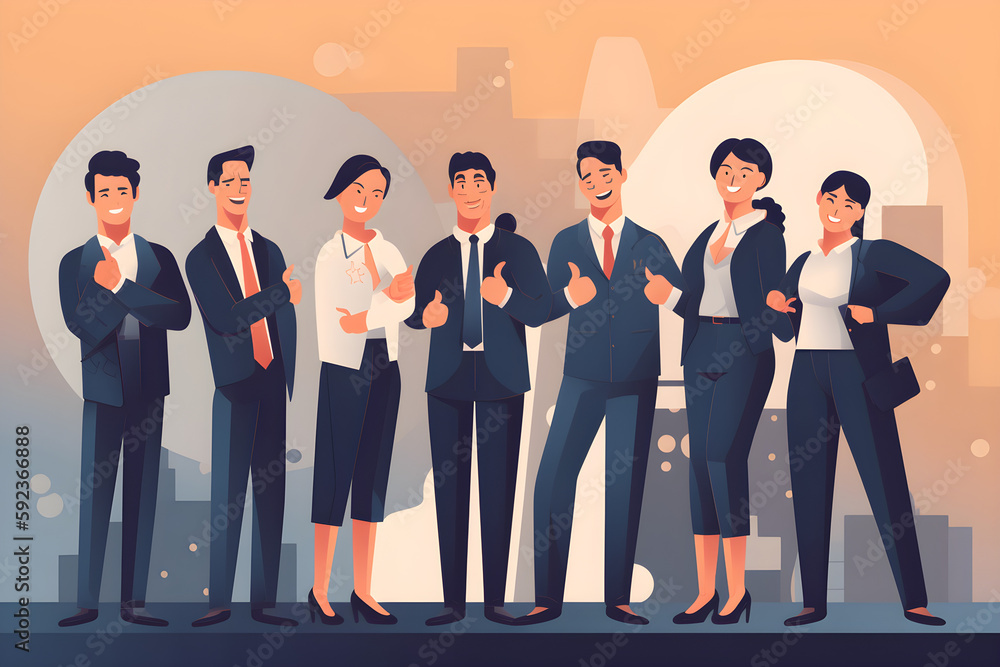 Flat vector illustration You have received our official stamp of approval. Group of young business people showing thumbs up in modern office.