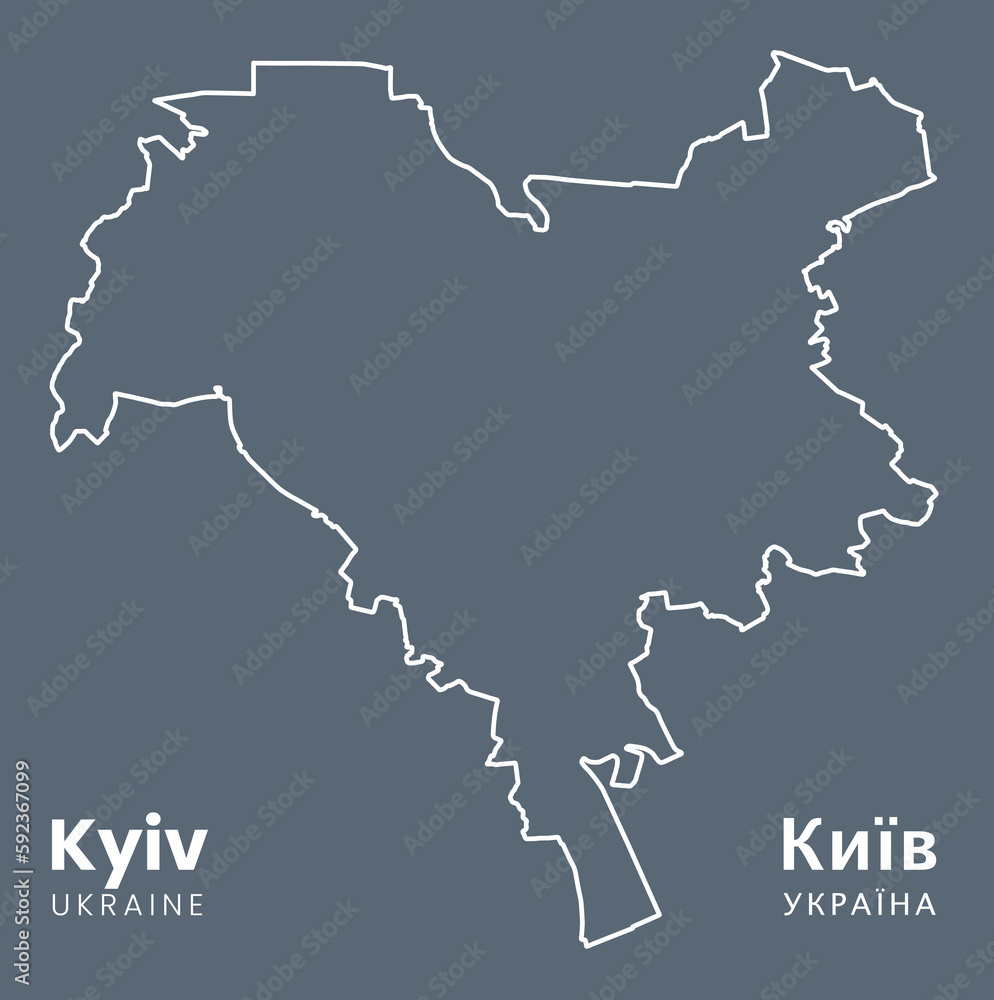 City boundaries map of Kyiv - the capital of Ukraine - Urban borders map. Light stroke version of Kyiv City poster on dark background.