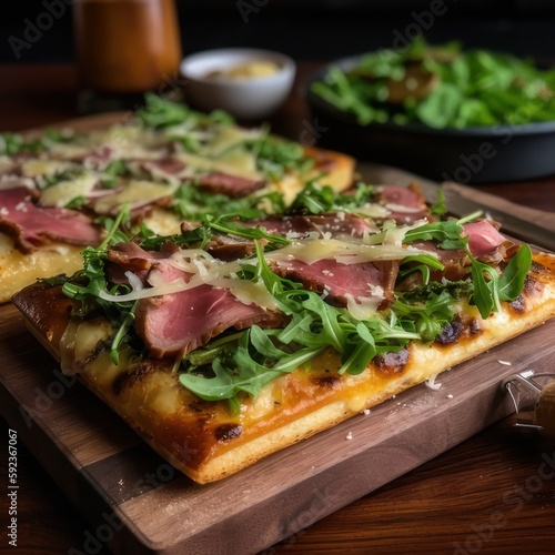 Arugula Roast Beef Pizza - Generative Ai Illustration