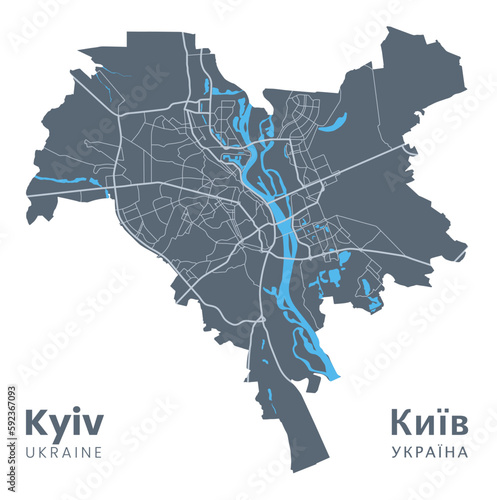 Detailed map of Kyiv - the capital of Ukraine - Urban borders map. Dark fill version of Kyiv City poster with streets and Dnieper River.