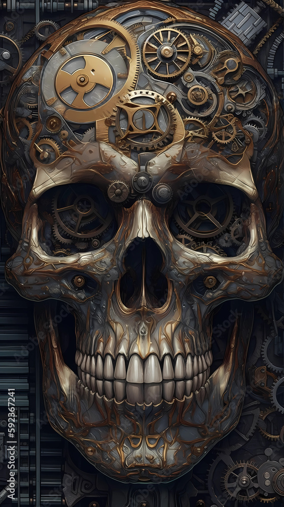 skull and gears steampunk image. Generative AI