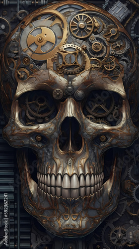 skull and gears steampunk image. Generative AI